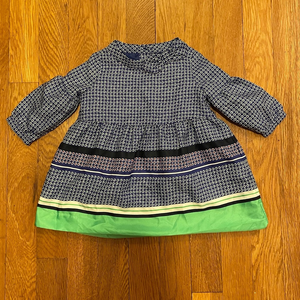Janie and Jack Blue & Green Satin Dot Long PuffSleeve Bow Dress, Size 3-6Months - Picture 1 of 5